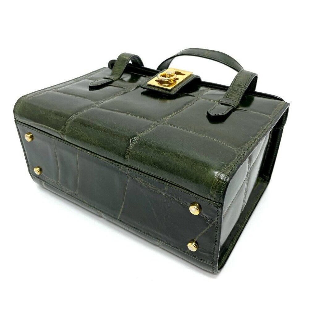 AUTHENTIC CELINE Croco embossed vintage Vanity box type Hand Bag Leather Green - Picture 7 of 8